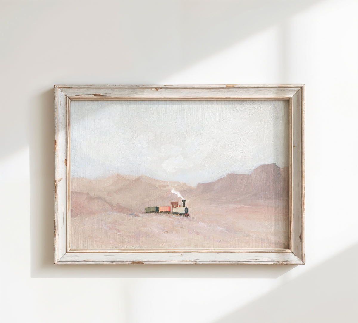 A framed landscape art featuring a hand-painted Christian artwork of a small steam train crossing a quiet desert landscape, symbolizing God’s truth leading faith and feelings.
