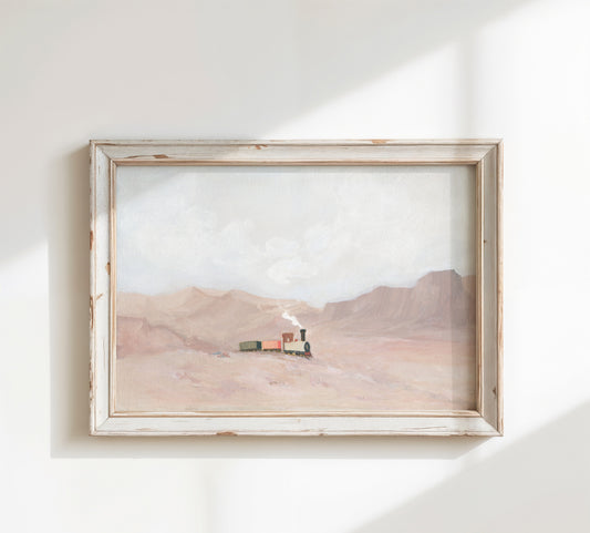 A framed landscape art featuring a hand-painted Christian artwork of a small steam train crossing a quiet desert landscape, symbolizing God’s truth leading faith and feelings.