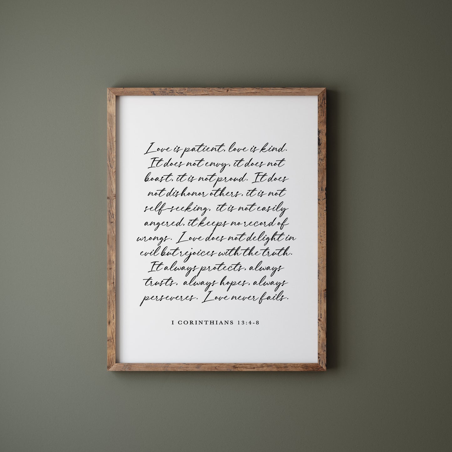 Love calligraphy sign 1 Corinthians 13 for Christian homes