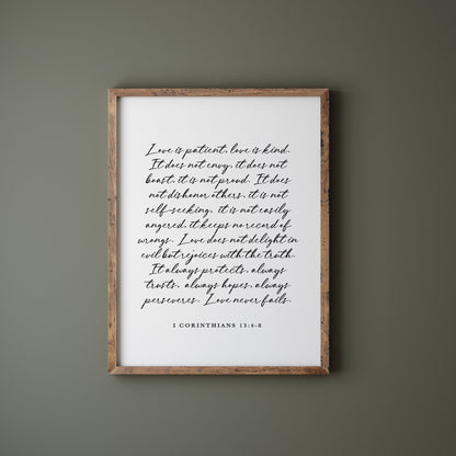 Love calligraphy sign 1 Corinthians 13 for Christian homes