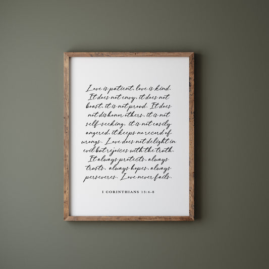 Love calligraphy sign 1 Corinthians 13 for Christian homes