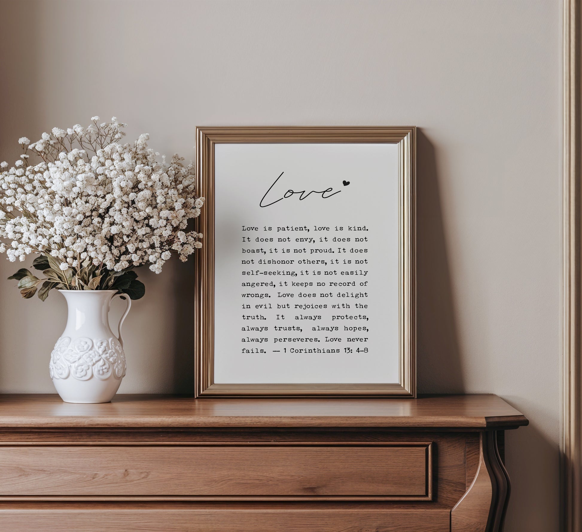 Christian wall art with 1 Corinthians 13 Love is patient and kind verse