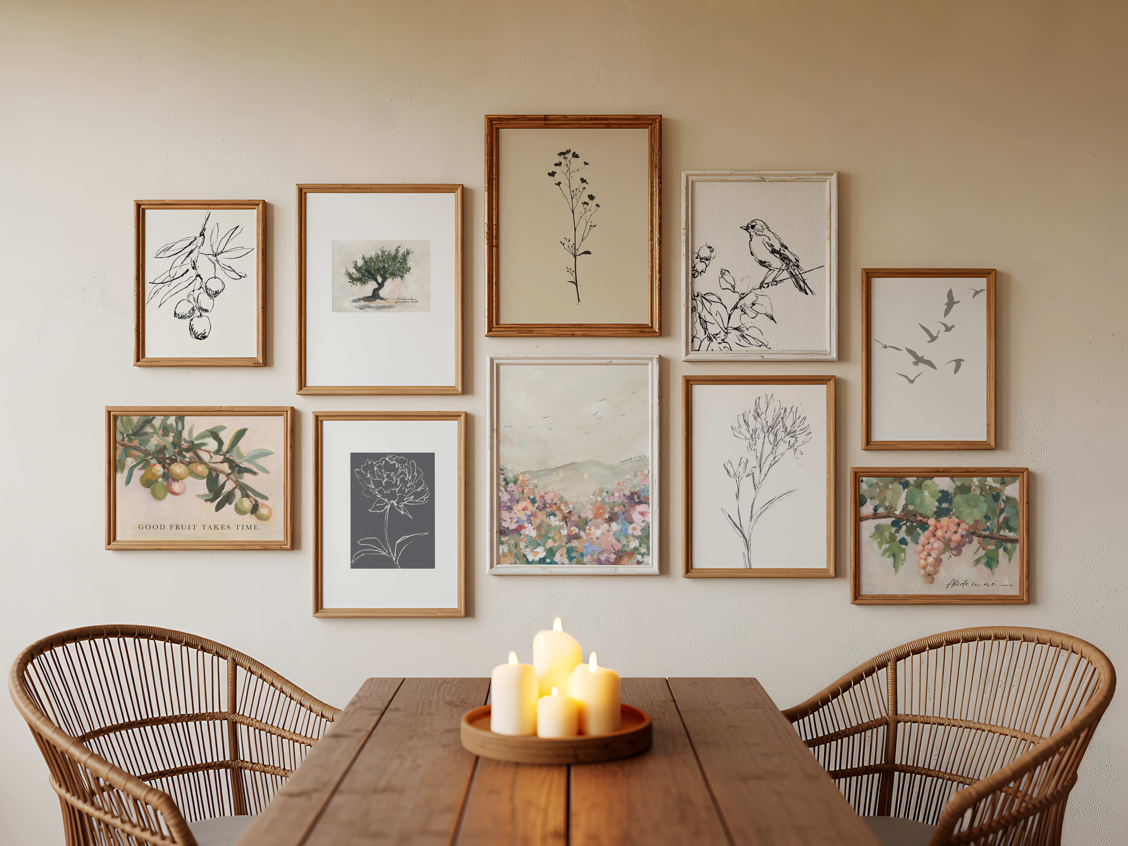 A Faith-inspired gallery wall with artworks inspired by Matthew 6 in dining room