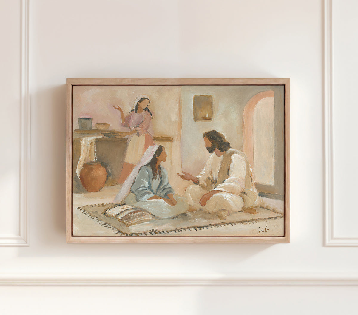Mary and Martha with Jesus Christian painting showing Mary seated at Christ’s feet while Martha serves in the background.