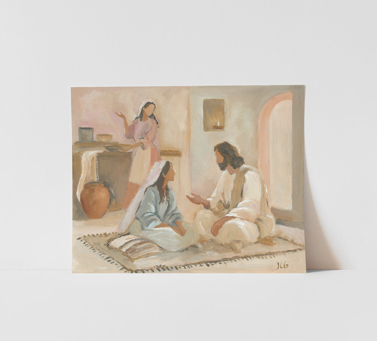 A fine art paper print of Mary and Martha with Jesus Christian painting showing Mary seated at Christ’s feet while Martha serves in the background.