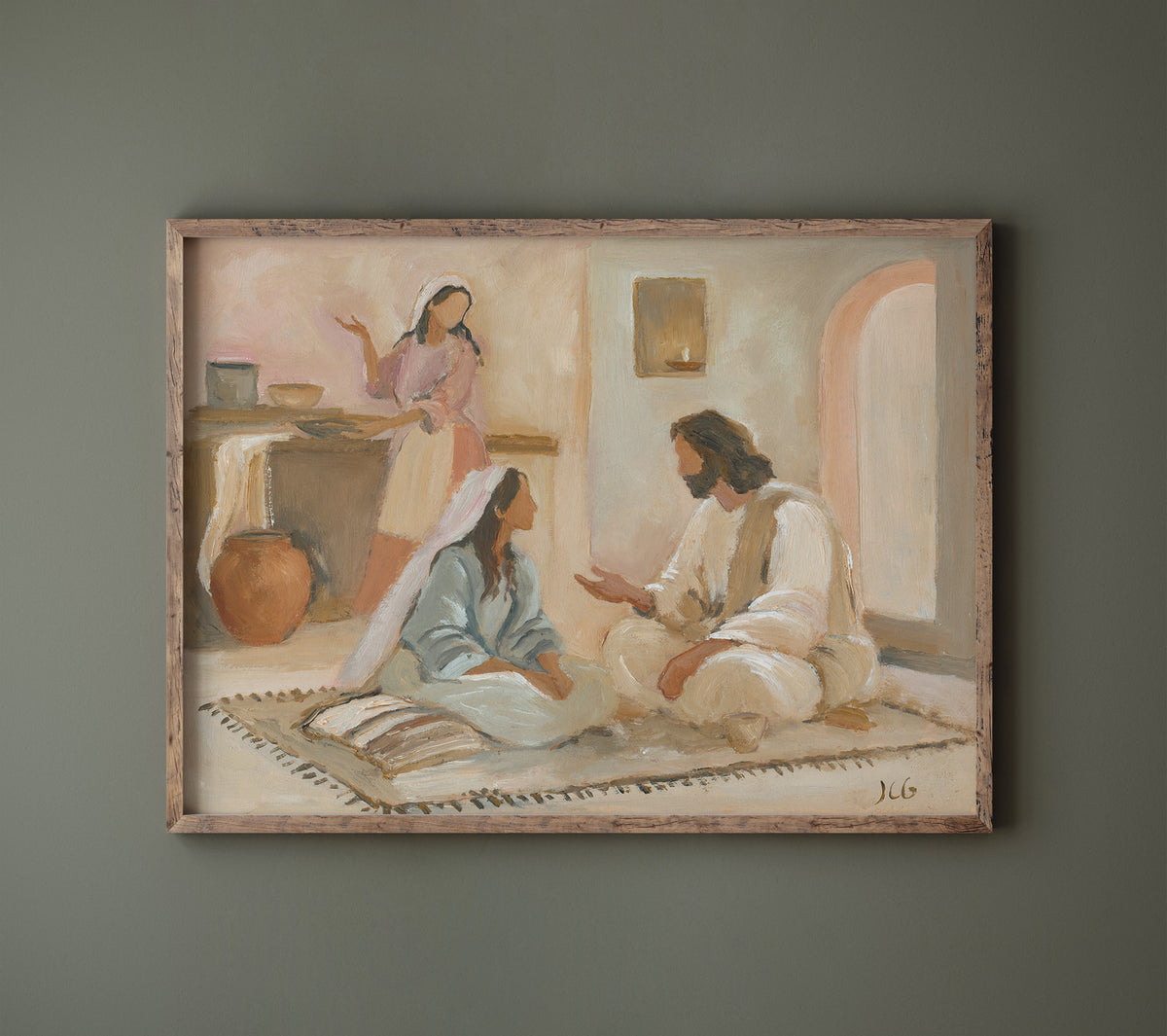 A framed print of Mary and Martha with Jesus Christian painting showing Mary seated at Christ’s feet while Martha serves in the background.