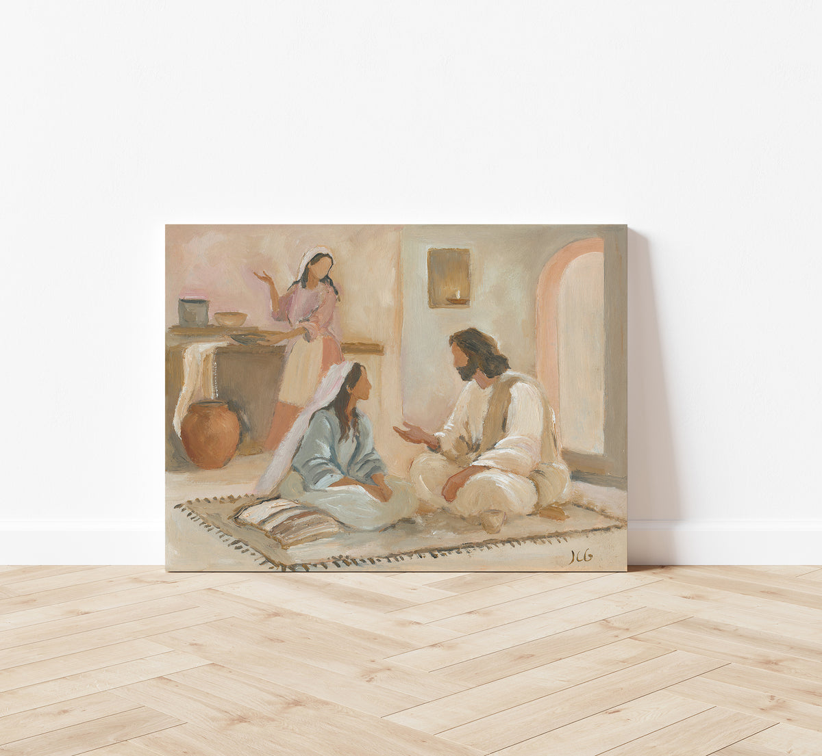 A canvas art print depicting a biblical scene of Mary and Martha with Jesus Christian showing Mary seated at Christ’s feet while Martha serves in the background.