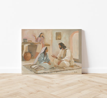A canvas art print depicting a biblical scene of Mary and Martha with Jesus Christian showing Mary seated at Christ’s feet while Martha serves in the background.