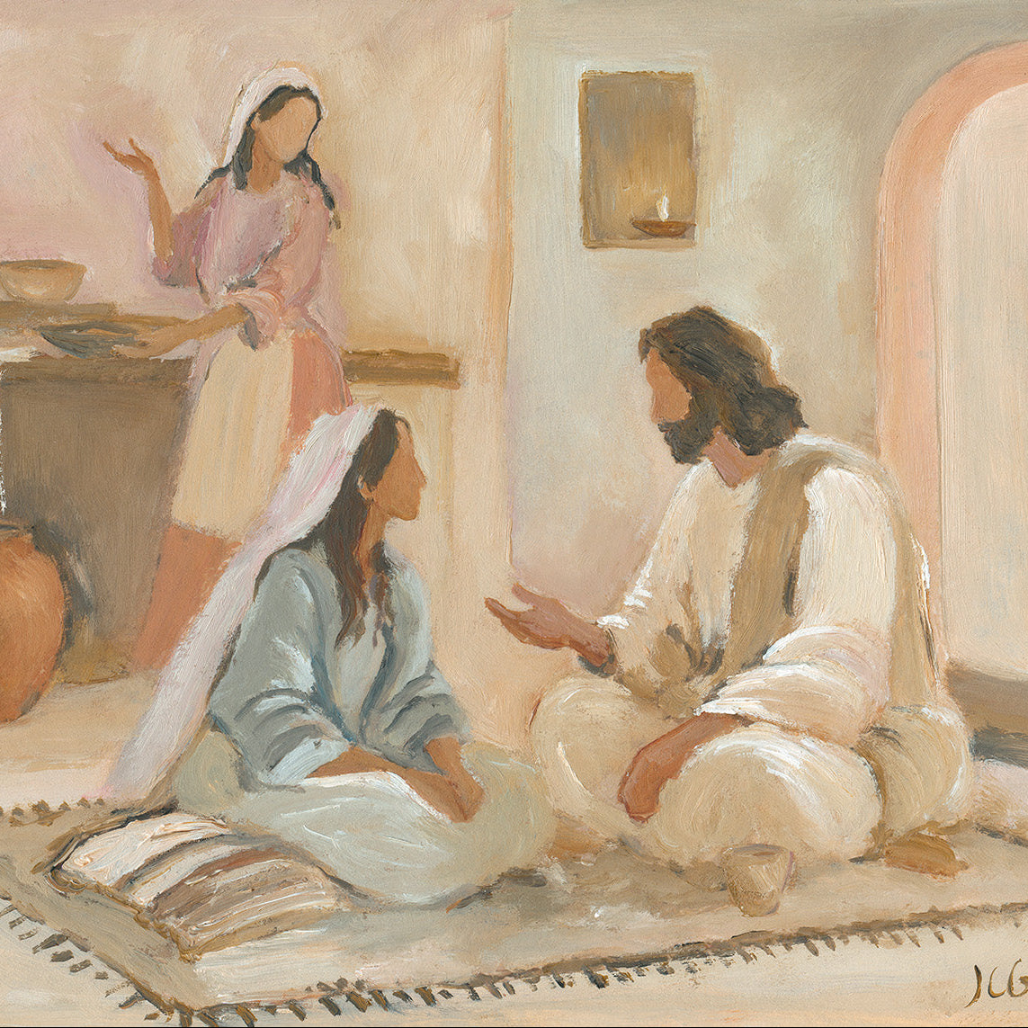 Mary and Martha with Jesus Christian painting showing Mary seated at Christ’s feet while Martha serves in the background.