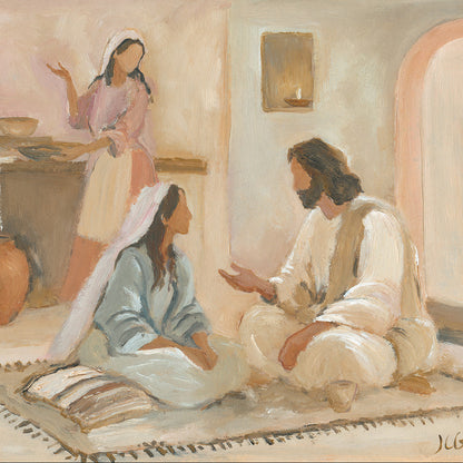 Mary and Martha with Jesus Christian painting showing Mary seated at Christ’s feet while Martha serves in the background.