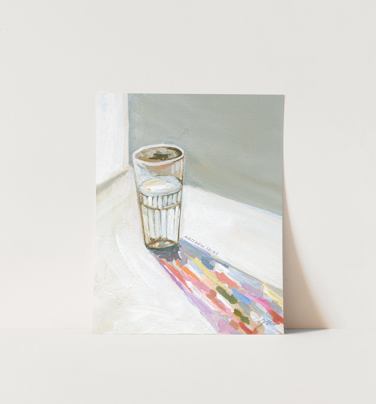 Colorful Christian painting of a glass of water in sunlight, symbolizing the significance of small acts of faithfulness.