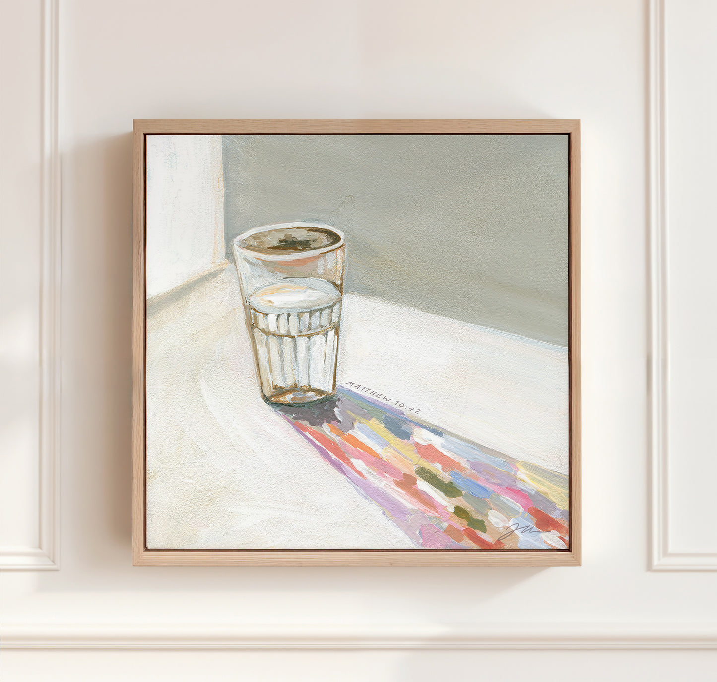 framed canvas print of a Painting of a glass of water casting a vibrant multicolored shadow, inspired by Matthew 10:42.