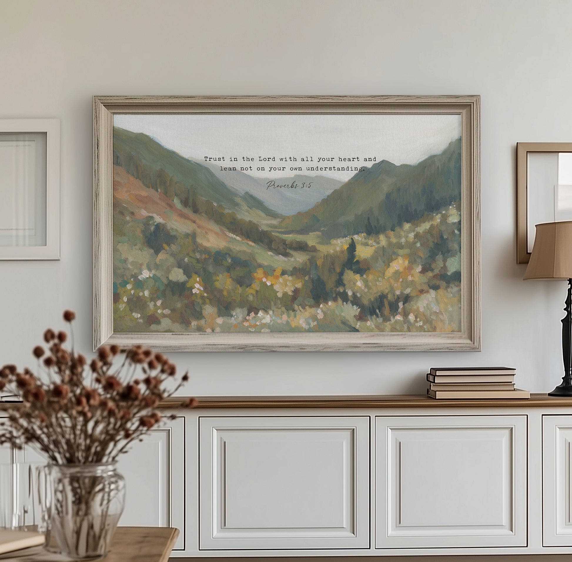 mountain landscape art for office with bible verse proverbs 3:5 – christian wall art print