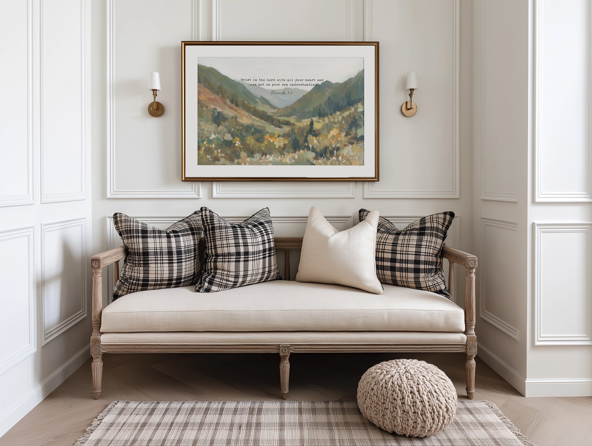 majestic mountain landscape entry way decor with bible verse proverbs 3:5 – christian wall art print