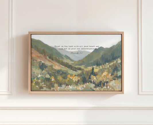 majestic mountain landscape with bible verse proverbs 3:5 – christian wall art print