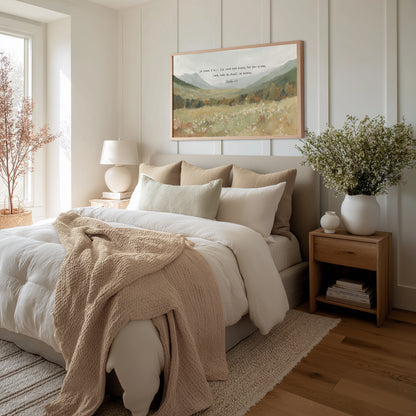 serene hill landscape with scripture verse psalm 4:8 – christian wall art for bedroom