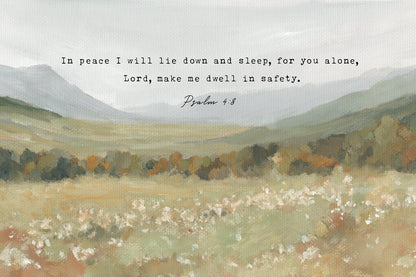 serene hill landscape with scripture verse psalm 4:8 – christian wall art print