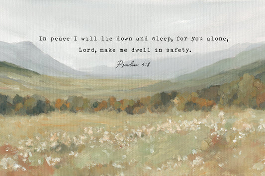 serene hill landscape with scripture verse psalm 4:8 – christian wall art print
