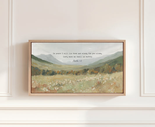 serene hill landscape with scripture verse psalm 4:8 – christian wall framed art print