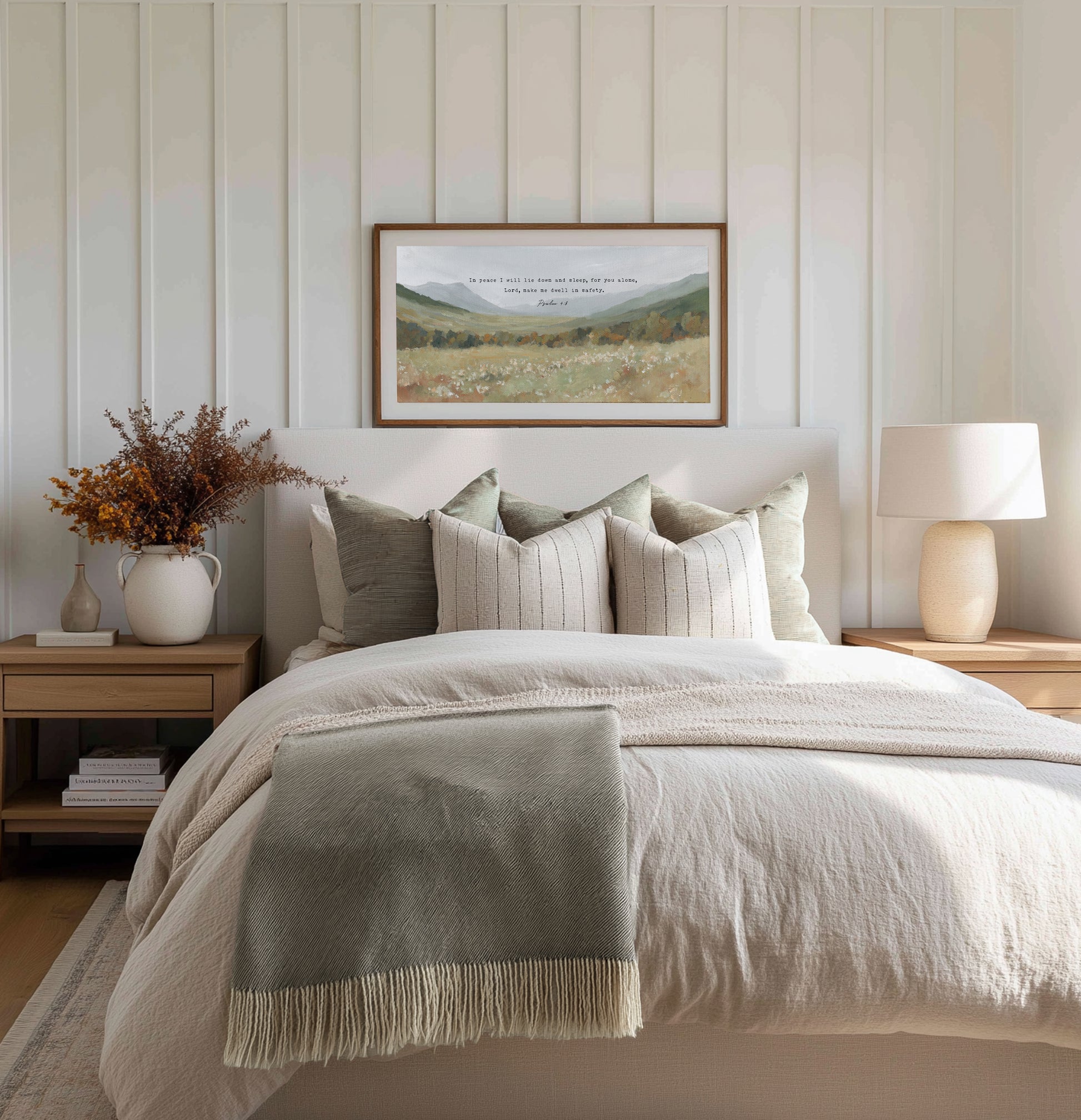 serene hill landscape with scripture verse psalm 4:8 – christian wall art for bedroom