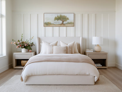 Psalm 52:8 Christian framed wall art displayed in a beautiful bedroom, featuring a hand-painted olive tree and the words “I trust in God’s unfailing love forever and ever.”