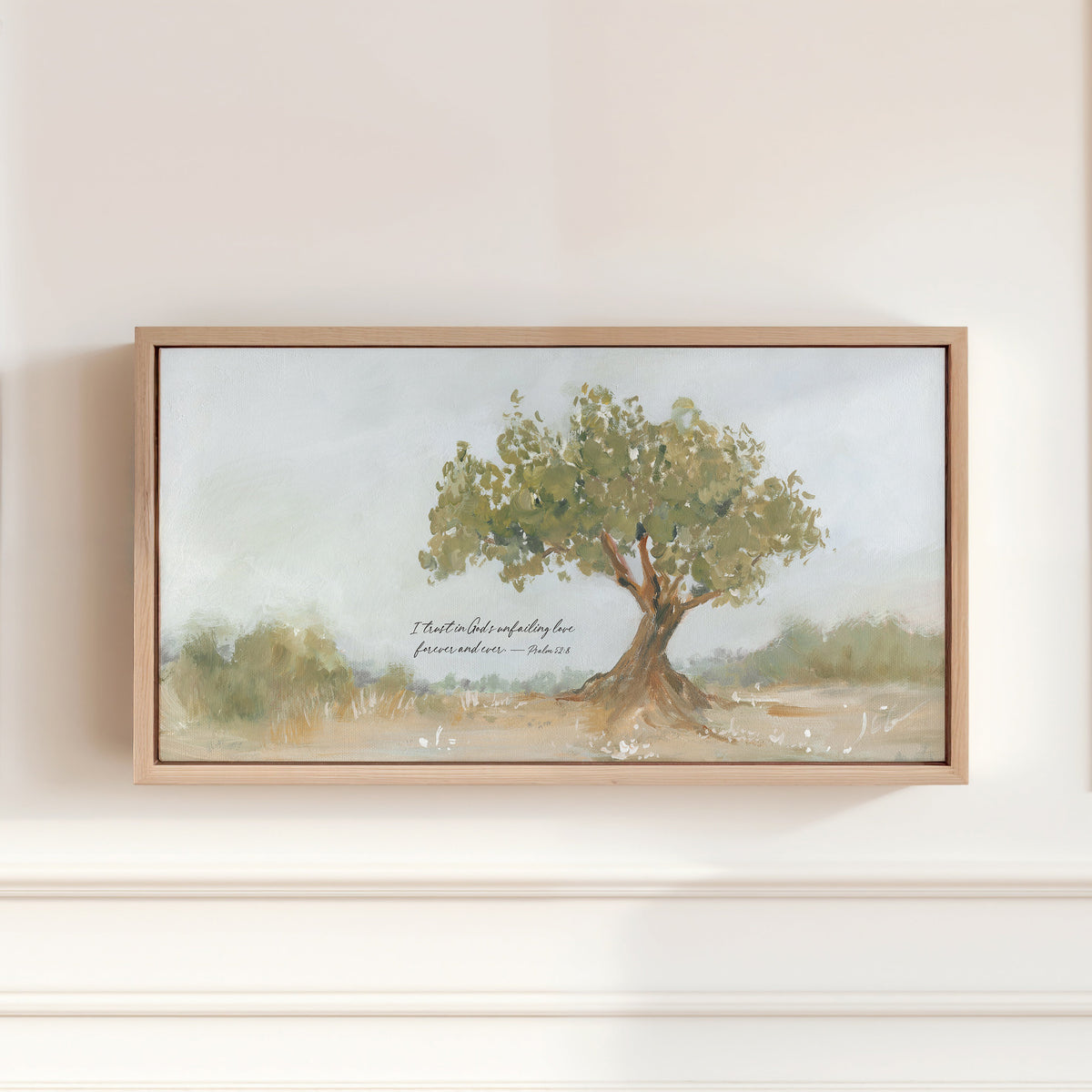 A framed Psalm 52:8 Christian wall art featuring a hand-painted olive tree and the words “I trust in God’s unfailing love forever and ever.”