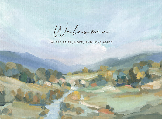 Soft vibrant green landscape painting with faith, hope, and love
