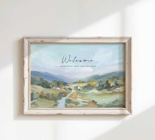 Serene Christian wall art of river and hills with Scripture quote