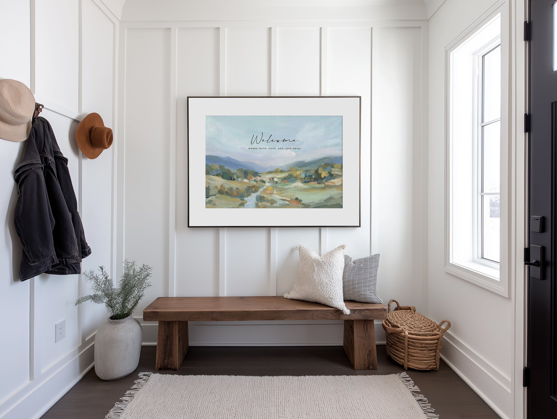 Serene Christian wall art of river and hills with Scripture quote