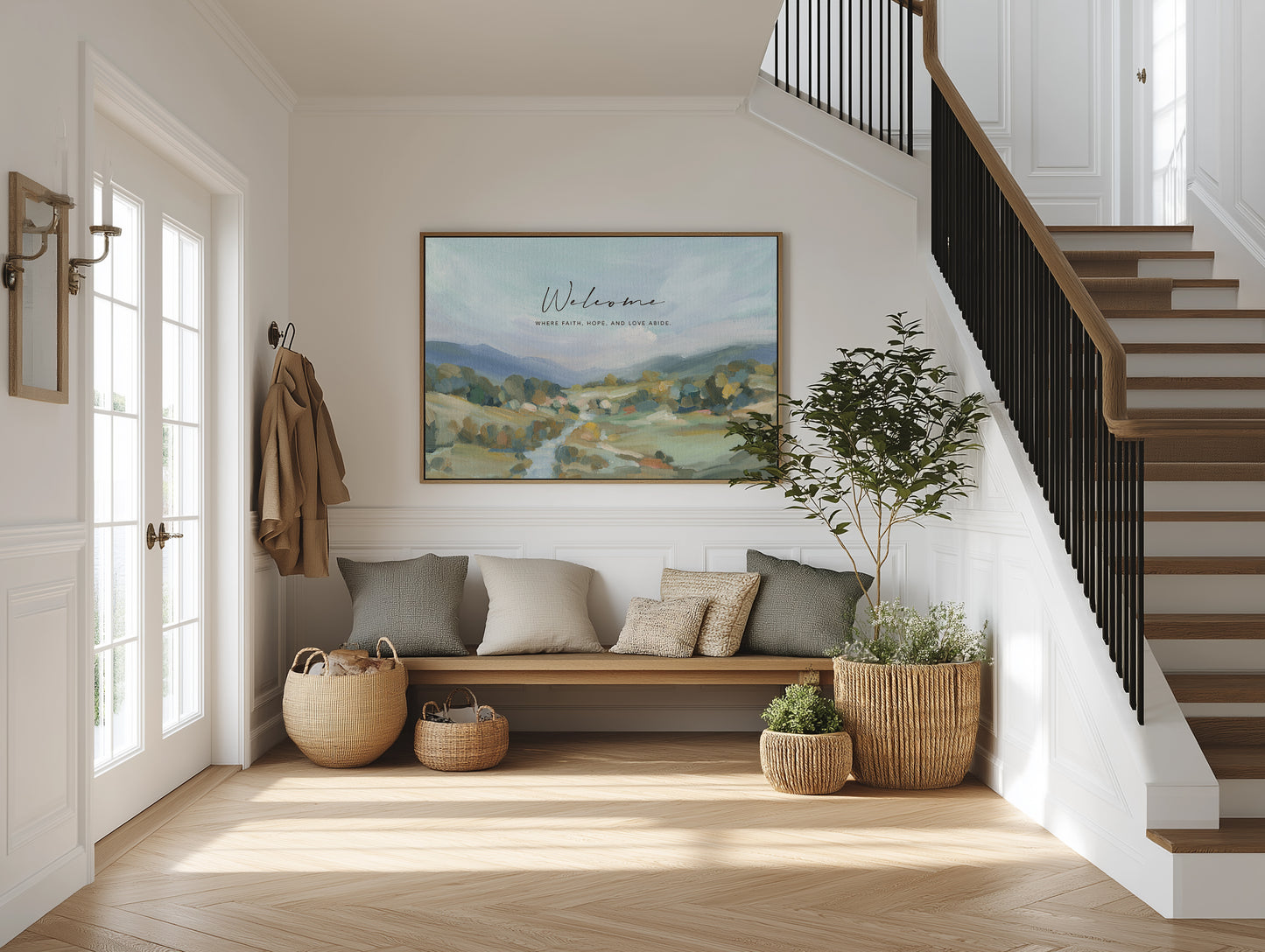 Christian art print of river and green hills in soft vibrant style