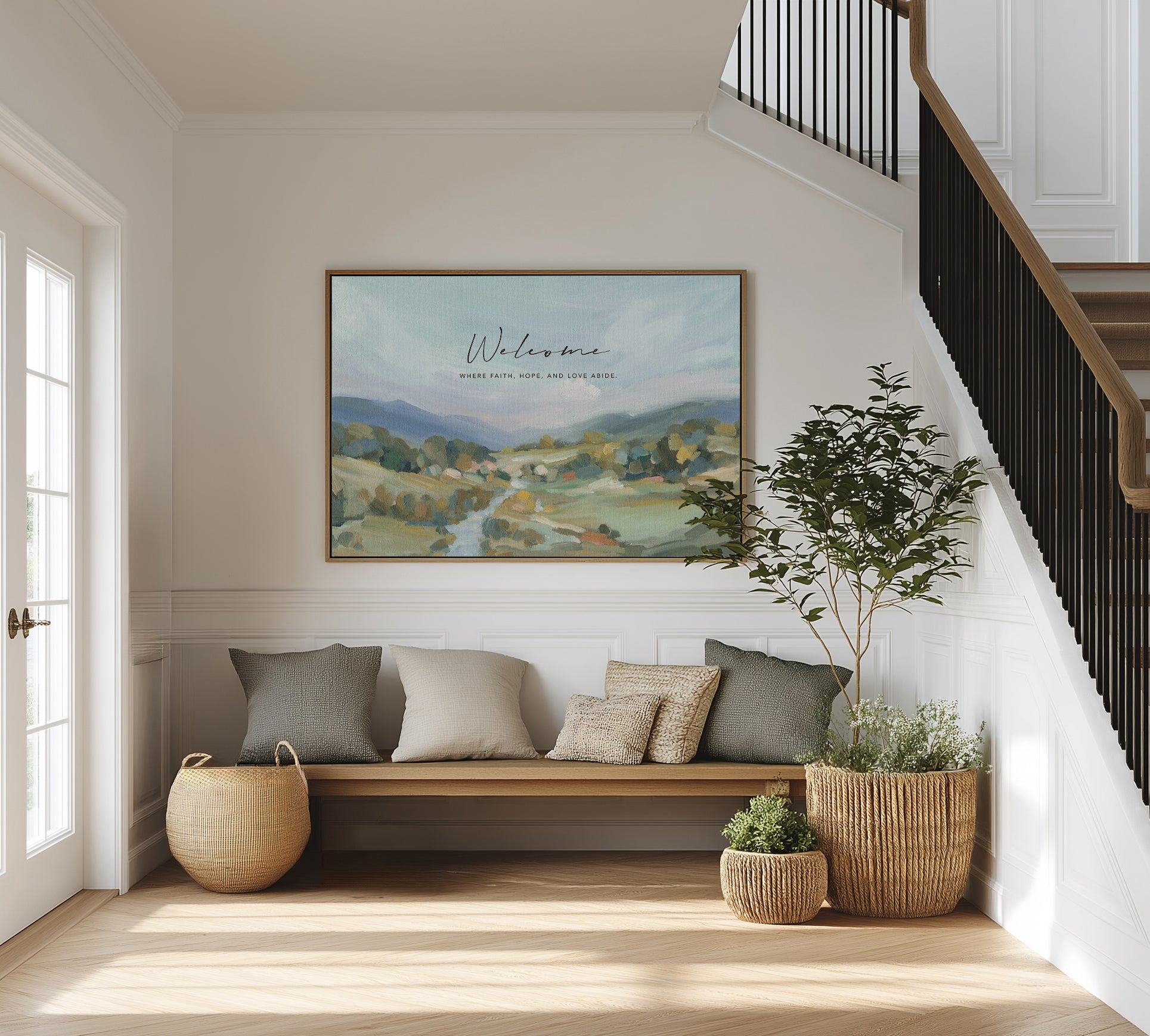 Christian art print of river and green hills with Christian quote - large wall art on a entryway