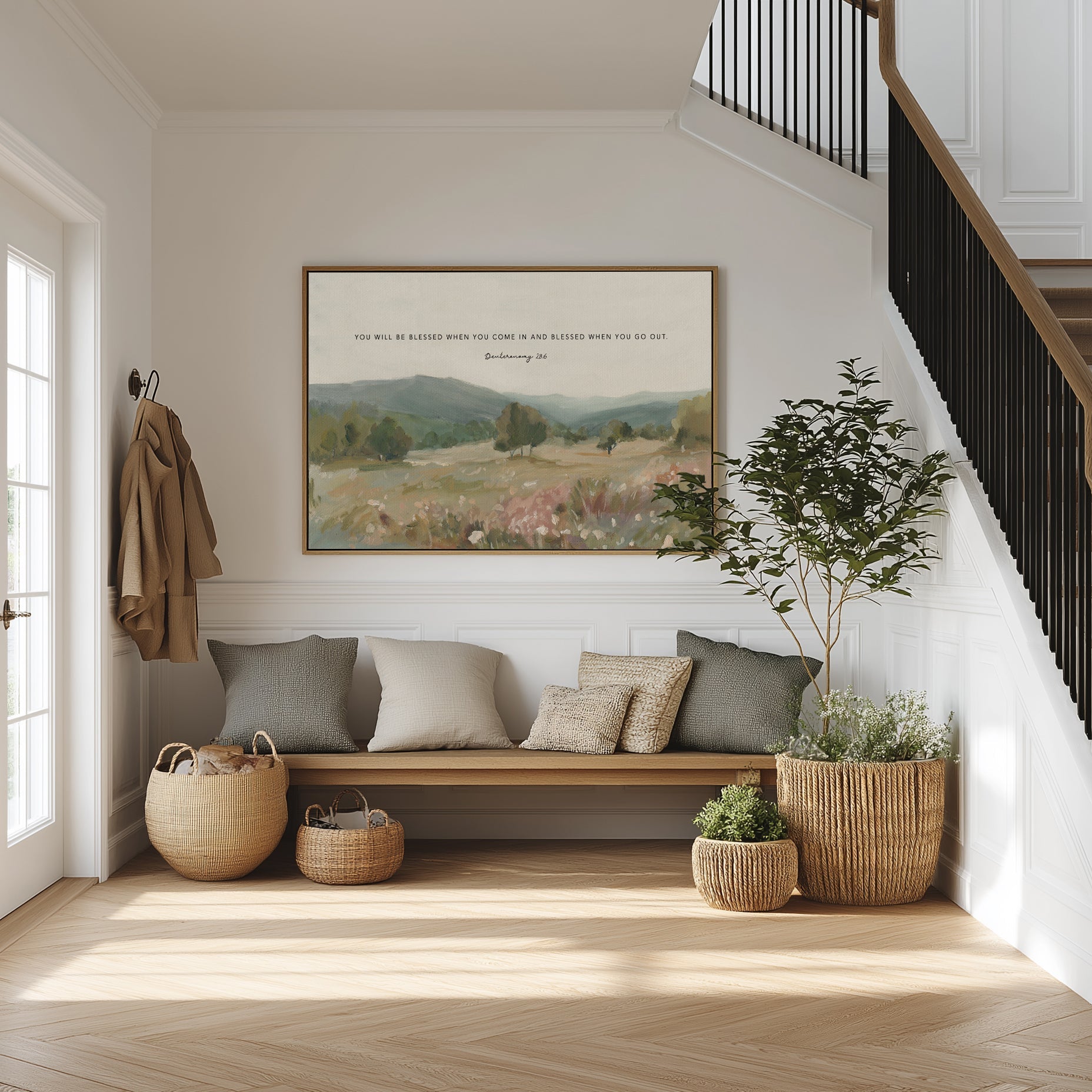 Christian landscape with Bible verse wall art for entry way Deuteronomy 28 6 