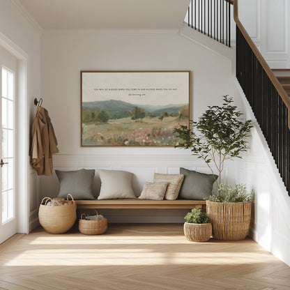 Christian landscape with Bible verse wall art for entry way Deuteronomy 28 6 