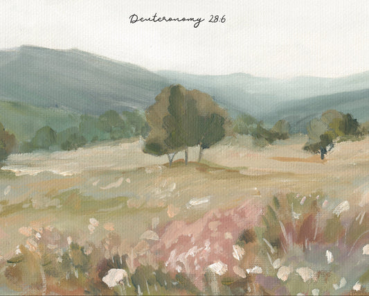 Christian landscape with Bible verse wall art for entry way Deuteronomy 28 6 