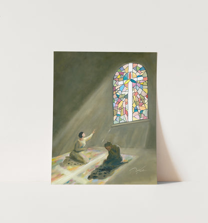 Fine art paper print of Christian wall art of a stained glass cross with two women, one facing the light and one turned away in pain