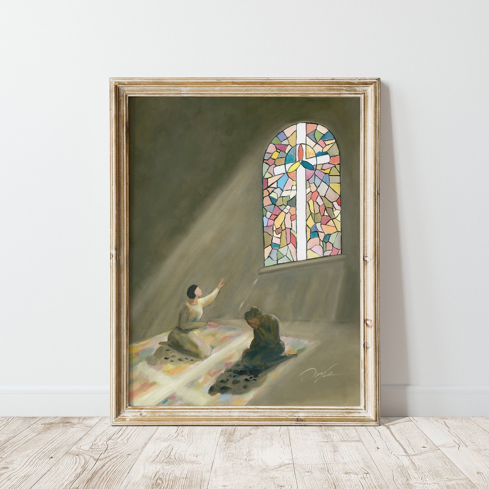 Christian wall art of a stained glass cross with two women, one facing the light and one turned away in pain