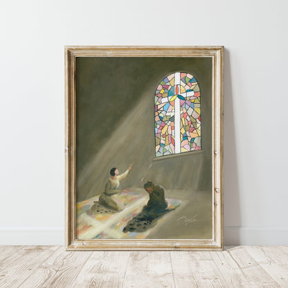Christian wall art of a stained glass cross with two women, one facing the light and one turned away in pain