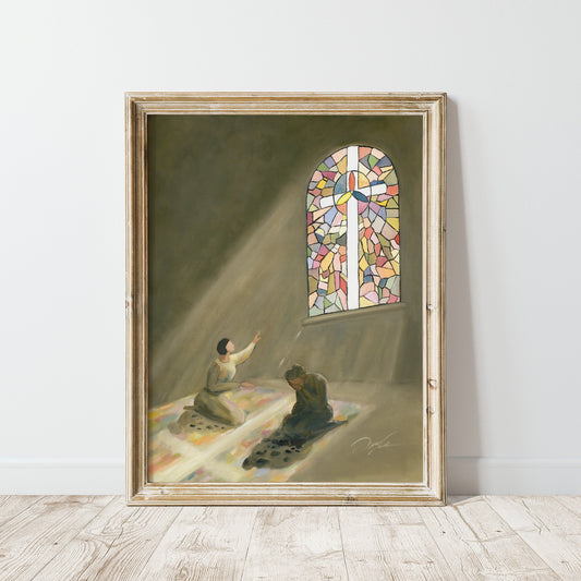 Stained glass cross Christian wall art with two women, one looking up in hope and one turned inward in grief and despair.