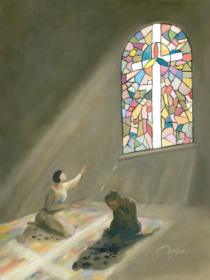 Christian wall art of a stained glass cross with two women, one facing the light and one turned away in pain
