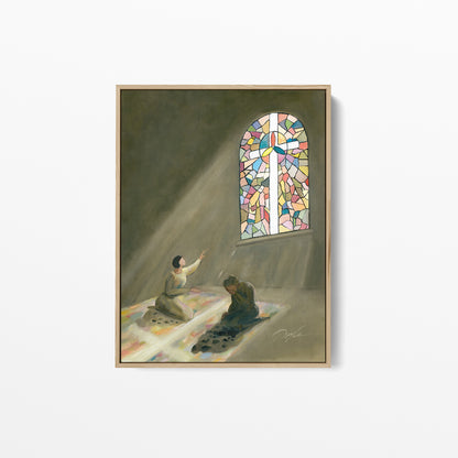 framed canvas print of Christian wall art of a stained glass cross with two women, one facing the light and one turned away in pain