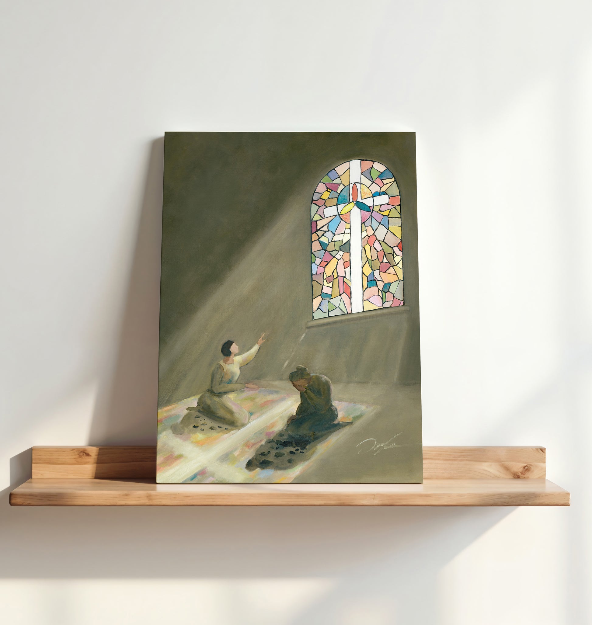 Stretched canvas print of Christian wall art of a stained glass cross with two women, one facing the light and one turned away in pain