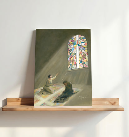 Stretched canvas print of Christian wall art of a stained glass cross with two women, one facing the light and one turned away in pain